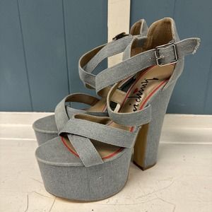 LuiChiny JAW DROPPER Light Denim Sandals Platforms women’s size 8.5 Chunky Heels